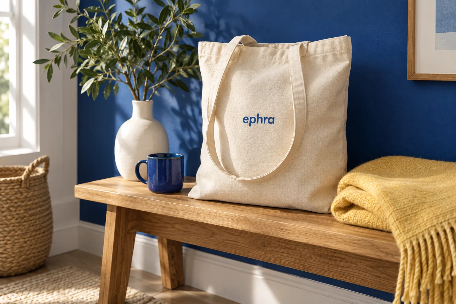 Ephra tote, folded throw and ceramic mug in a sunlit home setting. Merchandise concept image.