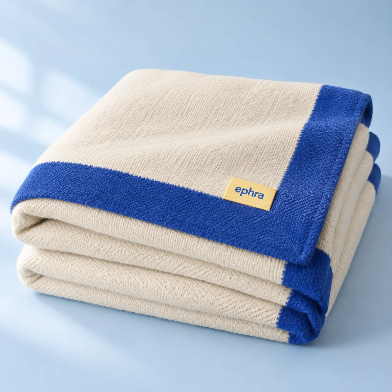 Folded ivory Ephra throw with a blue border and yellow label. Product concept.